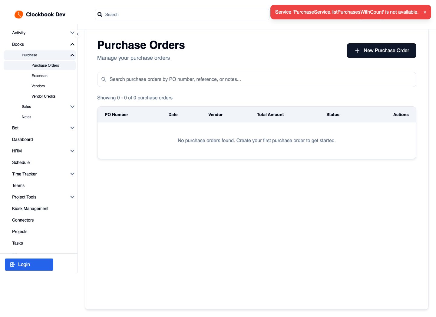 Clockbook Purchase Orders interface
