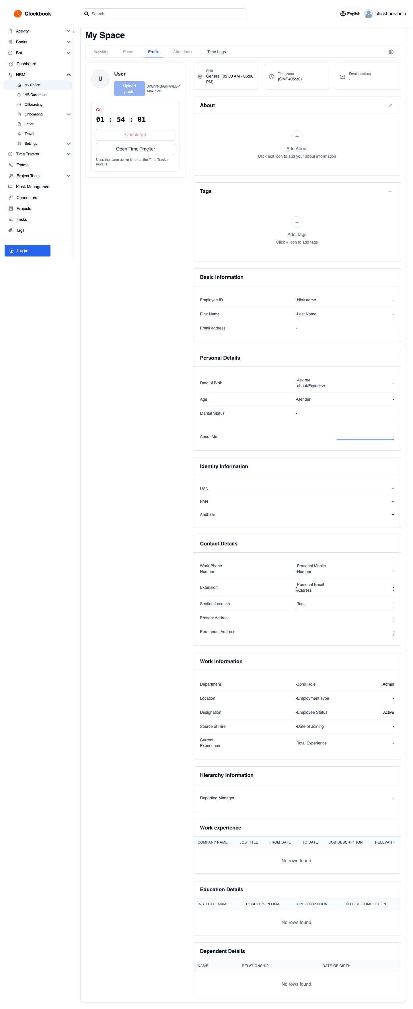 Clockbook HRM Dashboard showing employee management, leave tracking, and onboarding